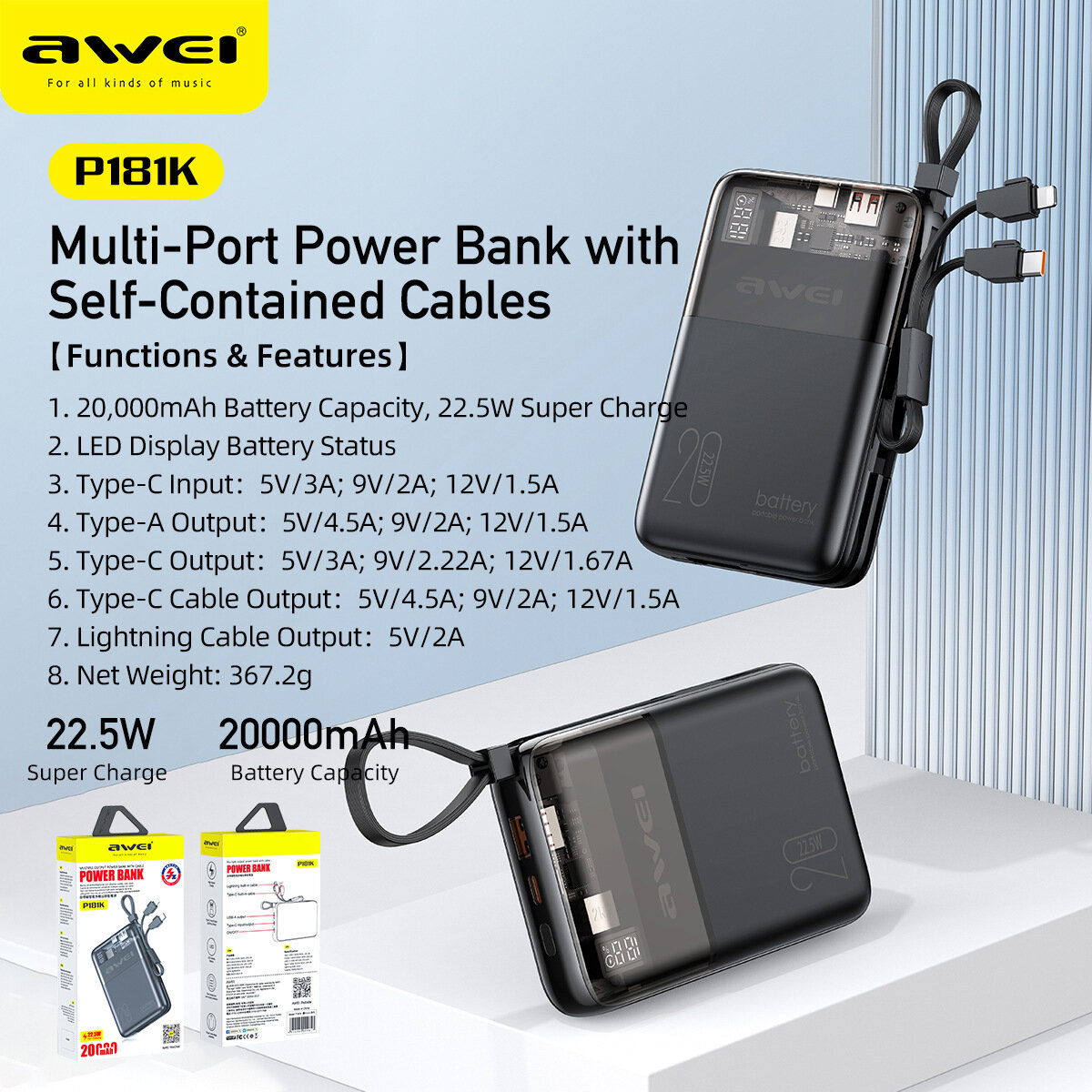 Awei P134K 4 in 1 Portable Power Bank 20000mAh With PD22.5W Fast Charging  Type-C/Lightning/Micro Cable Powerbank For iOS&Android